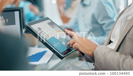 Businessman, hands and tablet in digital marketing for corporate planning, strategy or web design at the office. Hand of executive testing website in discussion for idea, UX or homepage in boardroom Businessman, hands and tablet in digital marketing for corporate planning, strategy or web design at the office. Hand of executive testing website in discussion for idea, UX or homepage in boardroom 100134493
