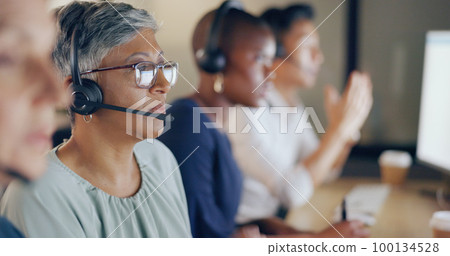 Senior agent face, call center and woman on phone call with customer, contact us and CRM with communication. Customer service, telemarketing and tech support with headset and work in coworking space Senior agent face, call center and woman on phone call with customer, contact us and CRM with communication. Customer service, telemarketing and tech support with headset and work in coworking space 100134528