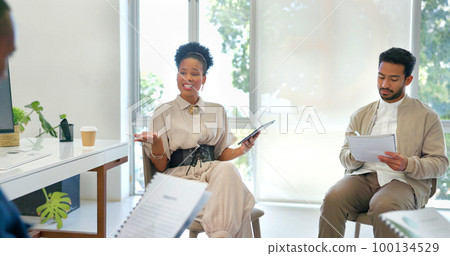Business woman, talking or diversity training on tablet, paper or documents in company, office or workshop feedback. Mentor, speaker or leadership on technology in meeting, collaboration or teamwork Business woman, talking or diversity training on tablet, paper or documents in company, office or workshop feedback. Mentor, speaker or leadership on technology in meeting, collaboration or teamwork 100134529
