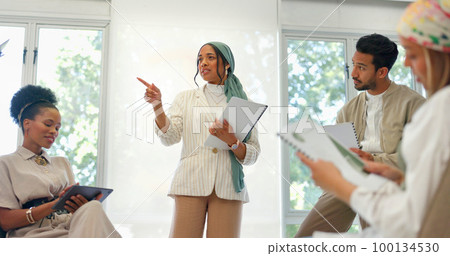 Business woman, leadership or speaker in training, workshop or presentation in diversity growth, target or goals. Talking, mentor or presentation on paper, documents or tech in teamwork collaboration 100134530
