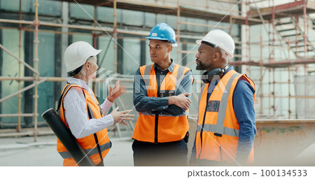 Construction workers, building engineers or tablet in teamwork planning, architecture innovation or property engineering. Smile, happy or talking builder diversity men or woman with technology design Construction workers, building engineers or tablet in teamwork planning, architecture innovation or property engineering. Smile, happy or talking builder diversity men or woman with technology design 100134533