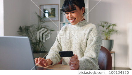 Woman laptop banking, online shopping and budget payment for bills, money and credit card cash with ecommerce in work from home office. Happy freelancer, fintech finance and digital internet trading 100134550