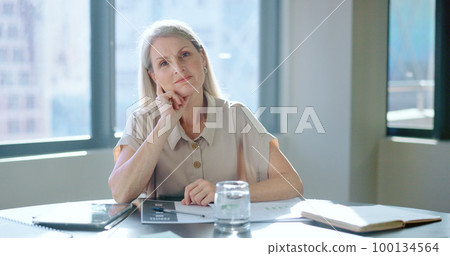 Business, face and senior woman thinking in office, confident and planning for marketing campaign. Mature female, employee and ceo with target, prepare for corporate deal and goal in workplace. 100134564