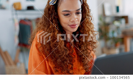 Ecommerce, small business and woman on laptop with happy communication, email or website review. Wifi, connection and internet business of fashion entrepreneur in warehouse reading feedback Ecommerce, small business and woman on laptop with happy communication, email or website review. Wifi, connection and internet business of fashion entrepreneur in warehouse reading feedback 100134565