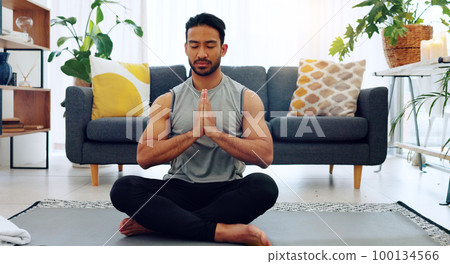 Yoga, namaste man and living room exercise for zen meditation and mental relaxation time in home. Peaceful, spiritual and fitness wellness routine for calm mindset and stress free lifestyle. Yoga, namaste man and living room exercise for zen meditation and mental relaxation time in home. Peaceful, spiritual and fitness wellness routine for calm mindset and stress free lifestyle. 100134566