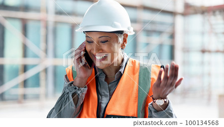Construction site, contractor and happy woman developer phone call planning for logistics, industrial engineering and city project management. Laughing mature architect manager talking on smartphone Construction site, contractor and happy woman developer phone call planning for logistics, industrial engineering and city project management. Laughing mature architect manager talking on smartphone 100134568