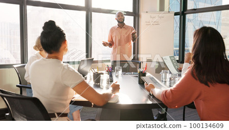 Black man, leadership and presentation meeting in office boardroom for sales, marketing or advertising ideas. Whiteboard, coaching and mentor training with group of business people holding documents 100134609