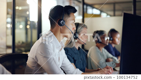 Senior call center consultant, woman and contact us, CRM and talking in customer service, computer at desk. Phone call, telemarketing and diversity, writing in notebook in coworking space and headset 100134752