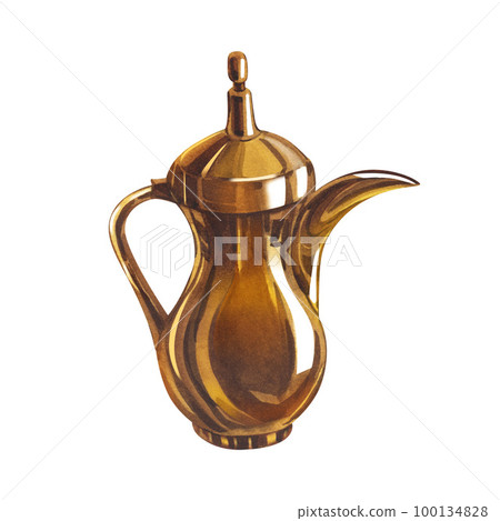 Watercolor golden arabian coffee pot. Hand-drawn illustration isolated on white background. Perfect for islamic celebration day ramadan kareem, eid al fitr adha, arabesque design. 100134828