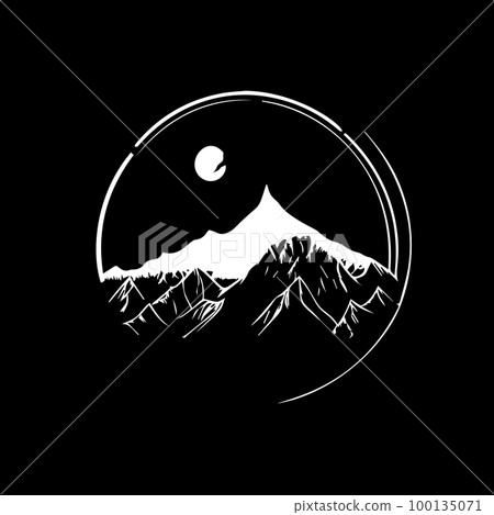 Minimalistic round logo template, white icon of mountain silhouette on black background, modern logotype concept for business identity, t-shirts print, tattoo. Vector illustration 100135071