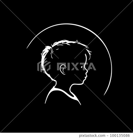 Minimalistic logo template, white icon of boy silhouette on black background, modern logotype concept for business identity, t-shirts print, infographic pictogram Vector illustration 100135086