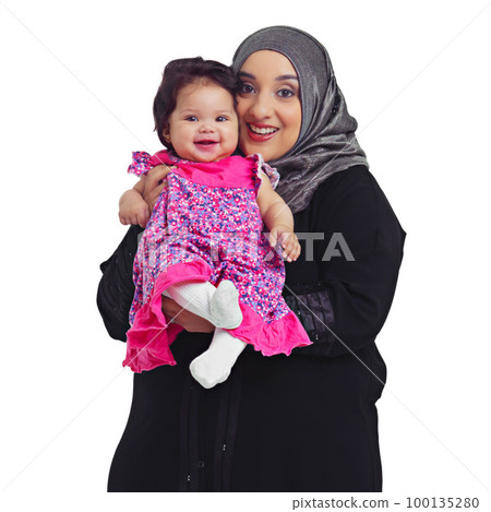 Islam, portrait of mother and baby girl, proud mama happy in hijab and isolated on white background. Love, family and growth, muslim woman with toddler daughter and Islamic culture in studio in Egypt 100135280