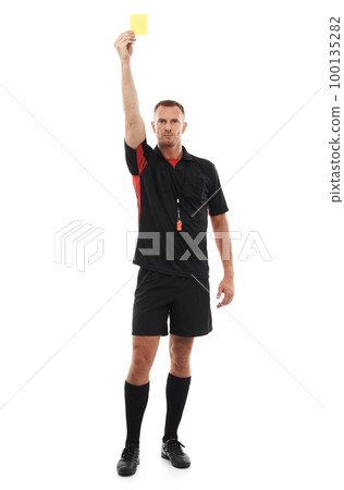 Sports referee, man and yellow card warning for soccer rules, penalty or fail in studio. Fitness coach color sign for mistake, caution or flag for competition game isolated on a white background Sports referee, man and yellow card warning for soccer rules, penalty or fail in studio. Fitness coach color sign for mistake, caution or flag for competition game isolated on a white background 100135282