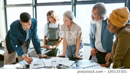 Business people, tablet and teamwork for planning, strategy and ideas by desk in modern office for goal. Corporate group, digital tech and finance team for brainstorming, vision or target in New York Business people, tablet and teamwork for planning, strategy and ideas by desk in modern office for goal. Corporate group, digital tech and finance team for brainstorming, vision or target in New York 100135301