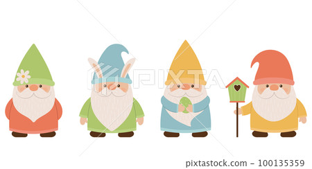 Collection of cute spring gnomes. A variety of garden gnomes, in a flat cartoon style. Collection of cute spring gnomes. A variety of garden gnomes, in a flat cartoon style. 100135359