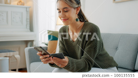 Brazil, phone or woman with credit card payment on sofa for online shopping, fintech or ecommerce app at home. Happy, relax and girl with smile for digital banking, website store purchase or trading Brazil, phone or woman with credit card payment on sofa for online shopping, fintech or ecommerce app at home. Happy, relax and girl with smile for digital banking, website store purchase or trading 100135555