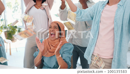 Business team, cash and money rain for bonus salary, success and winning. Winner, group and employees celebrate stock market, financial freedom and high five for investment, sales profit and economy Business team, cash and money rain for bonus salary, success and winning. Winner, group and employees celebrate stock market, financial freedom and high five for investment, sales profit and economy 100135583