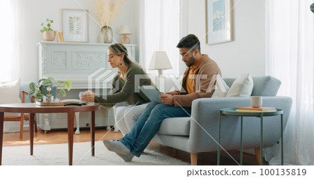 Relax, coffee and watching tv with couple on - Stock Photo 