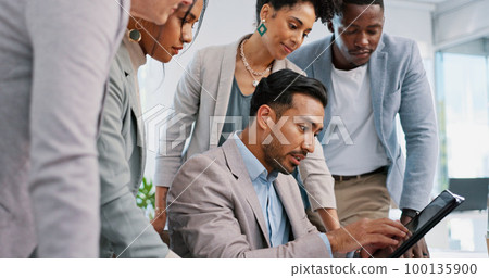 Teamwork, collaboration and group of business people with tablet for strategy, planning or brainstorming ideas. Meeting, leadership and employees with technology in discussion for advertising project 100135900