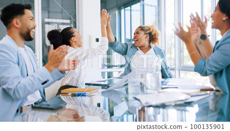Success celebration, finance team and winning with documents or paper in air for success. Diversity men and women high five or applause target goals, profit development and teamwork in office meeting 100135901