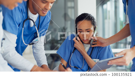 Burnout, doctor with phone call and medical paperwork, stress and administration anxiety, multitasking and overwhelmed in healthcare. Overworked, mental health with coworkers and time management fail 100135921