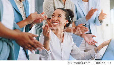 Applause, laptop and winning woman in office success, congratulations and celebration of company target sales. Winner, wow and clapping for worker, employees or people promotion, news or opportunity 100136023