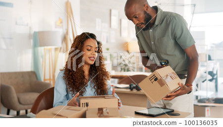 Man, woman and tablet for online shopping logistics, e commerce shipping boxes or retail shopping ecommerce. Technology, small business and product delivery management for talking black man and woman Man, woman and tablet for online shopping logistics, e commerce shipping boxes or retail shopping ecommerce. Technology, small business and product delivery management for talking black man and woman 100136035