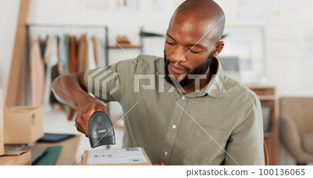 E commerce, box and scan package for inventory stock take, distribution or supply chain shipping delivery. Ecommerce service, barcode and logistics industry employee or man working in retail fashion E commerce, box and scan package for inventory stock take, distribution or supply chain shipping delivery. Ecommerce service, barcode and logistics industry employee or man working in retail fashion 100136065