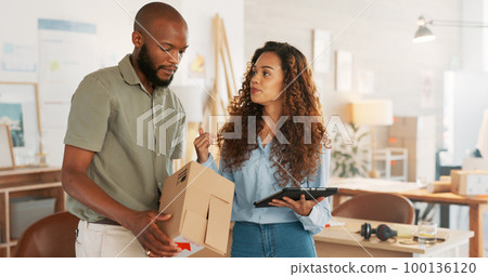 Teamwork, business people or working on tablet planning, collaboration or marketing SEO analytics in office. Tech, employees or manager consulting employee on research, web design or data analysis 100136120