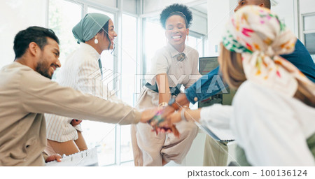 Business people, hands or huddle pile in collaboration, teamwork or motivation in company growth, target or goals. Smile, happy or diversity in circle, team building or solidarity support for success 100136124
