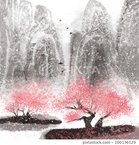 櫻花梅花東方畫水彩插畫傷感插畫春山 100136129