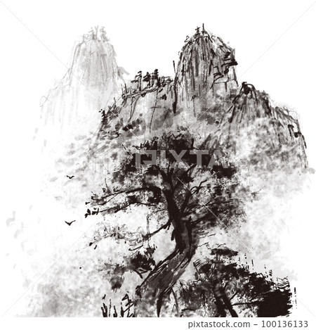 水墨山極景山水東方畫水彩插畫感傷插畫松樹 100136133