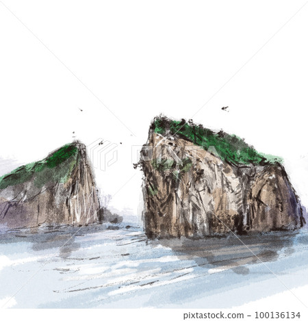 海島水墨山極景風景東方畫水彩插畫感傷插畫海石島 100136134