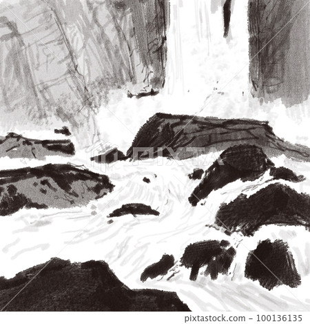 瀑布山谷水墨畫山極景風景東方畫水彩插畫感傷插畫 100136135