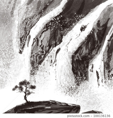 瀑布山谷水墨畫山極景風景東方畫水彩插畫感傷插畫 100136136