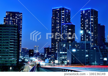 從豐洲大橋看到的晴海、勝哄、月島地區高層公寓的夜景 100136149