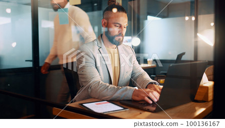 Laptop, typing and man in office writing an email, internet research or performance data report. Technology, communication and startup businessman working on project or networking on computer at desk Laptop, typing and man in office writing an email, internet research or performance data report. Technology, communication and startup businessman working on project or networking on computer at desk 100136167