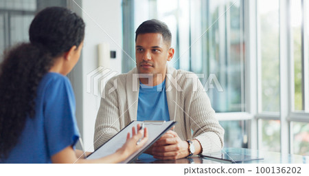 Patient consultation, clipboard and nurse doctor consulting man about health, results or hospital exam. Communication, medicine clinic and surgeon talking, advice and explain medical insurance policy Patient consultation, clipboard and nurse doctor consulting man about health, results or hospital exam. Communication, medicine clinic and surgeon talking, advice and explain medical insurance policy 100136202