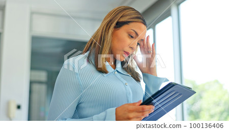 Headache, stress and tablet with business woman in office for overworked, pressure and anxiety. Pain, burnout and mental health with girl employee thinking for project problem, tired and frustrated 100136406