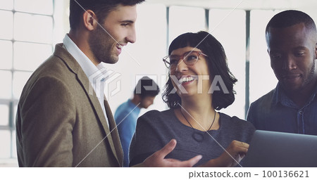 Company, collaboration and team with positive mindset planning and working together on a project or strategy. Teamwork, partnership and business people at a company or startup with diversity 100136621