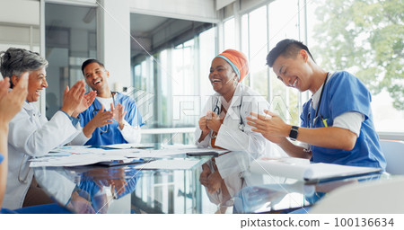 Doctors, nurses and meeting with documents in hospital discussing medical records. Teamwork, planning and group of healthcare professionals, men and women with paperwork talking in training workshop. 100136634