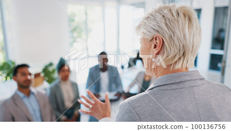 Back, business and woman talking, workshop and presentation for partnership, corporate deal and office. Female, ceo and leader speaking, proposal and management for marketing, leadership and team. Back, business and woman talking, workshop and presentation for partnership, corporate deal and office. Female, ceo and leader speaking, proposal and management for marketing, leadership and team. 100136756