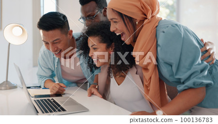 Winner, teamwork and business people with laptop in celebration for stock trading bonus, profit and sales. Support, motivation and excited group of workers high five, applause and winning in officeWi Winner, teamwork and business people with laptop in celebration for stock trading bonus, profit and sales. Support, motivation and excited group of workers high five, applause and winning in officeWi 100136783