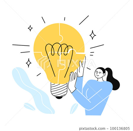Woman has an idea. She is putting a light bulb from a puzzle piece 100136805