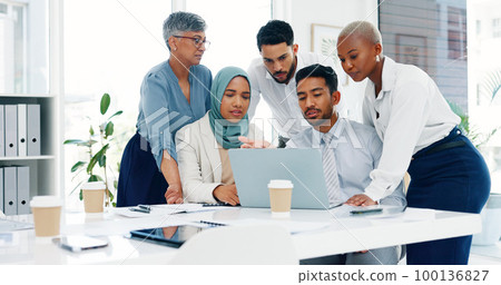 Data analysis, diversity or business people in meeting for advertising strategy, web SEO growth or research. Teamwork, happy or manager on tech planning, social media or networking in office building 100136827