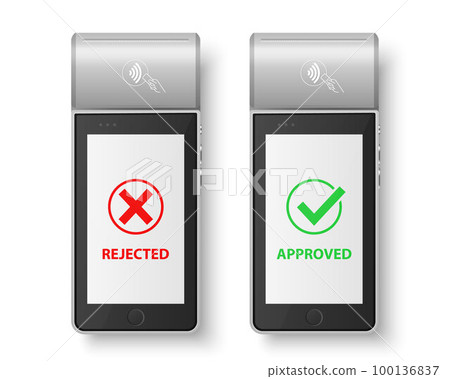 Vector 3d Gray NFC Payment Machine with Approved and Rejected Status Isolated. Wi-fi, Wireless Payment. POS Terminal, Machine Design Template of Bank Payment Contactless Terminal, Mockup. Top VIew Vector 3d Gray NFC Payment Machine with Approved and Rejected Status Isolated. Wi-fi, Wireless Payment. POS Terminal, Machine Design Template of Bank Payment Contactless Terminal, Mockup. Top VIew 100136837