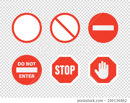 Vector White and Red Round Prohibition Stop Sign Icon Set - Warning, Danger Sign Frame Closeup. Dangerous Plate Design Template of Road Sign, Front View Vector White and Red Round Prohibition Stop Sign Icon Set - Warning, Danger Sign Frame Closeup. Dangerous Plate Design Template of Road Sign, Front View 100136862