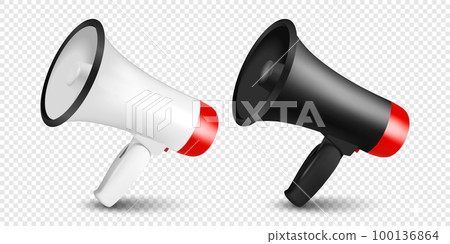 Vector Realistic 3d Simple White and Black Megaphone Icon Set Closeup Isolated. Design Template, Banner, Web. Speaker Design Template. Announcement, Attention Concept 100136864