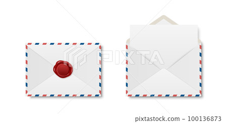 Vector Realistic White Closed Envelope with Red Wax Seal and Opened Envelope with Letter Inside. Folded and Unfolded White Envelope Icon Set Isolated. Message, Alert, Surprise, Secret Concept 100136873