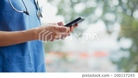 Hands of woman, smartphone and nurse in hospital for telehealth or online consultation. Healthcare, cellphone and physician with mobile phone for research, wellness app or checking medical email. 100137293